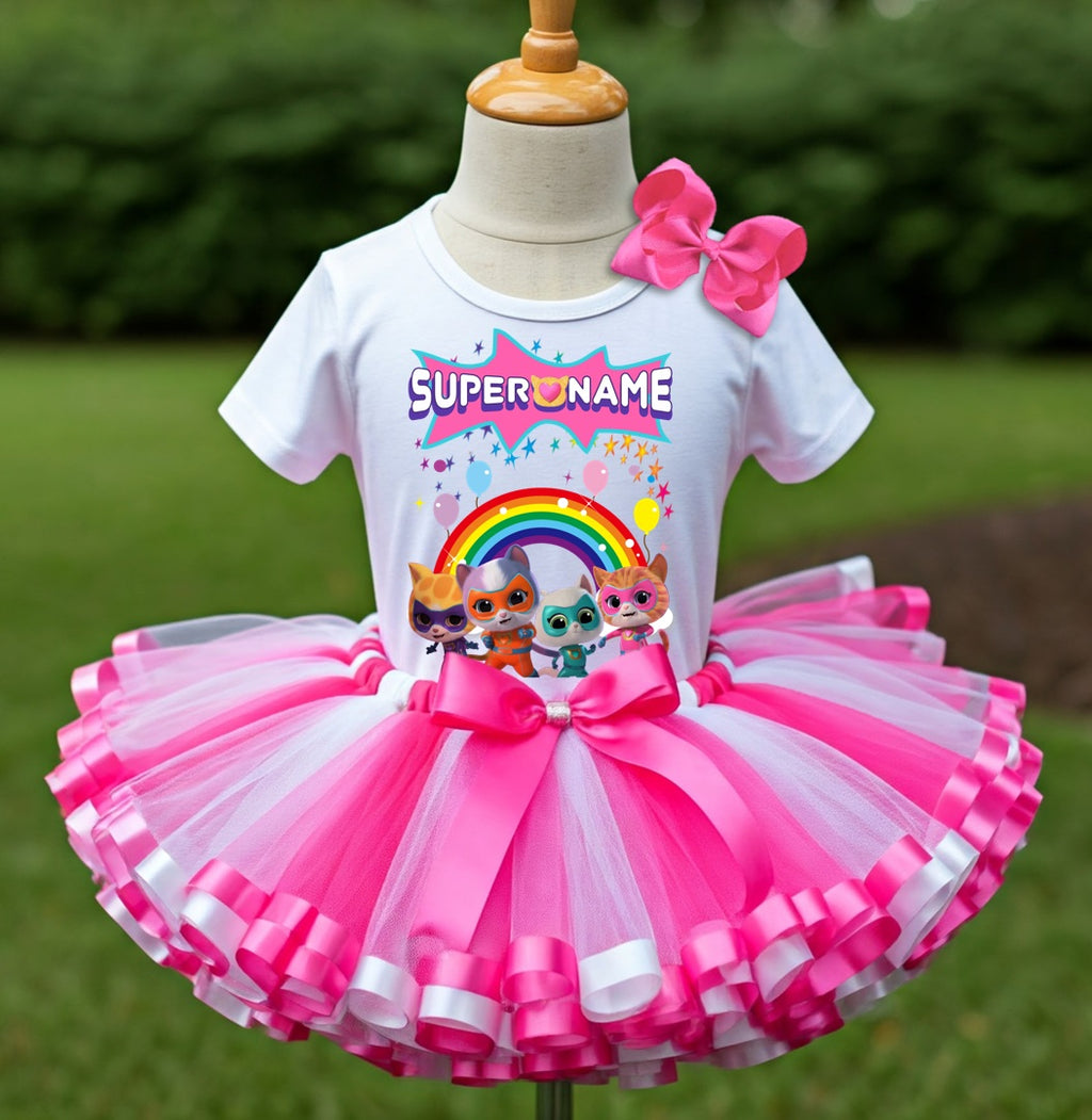 Super Kitties Tutu Set Girls Personalized Custom Hot Pink White Pink Ribbon Sewn Trim Tutu Outfit Dress Theme Cake Smash Party