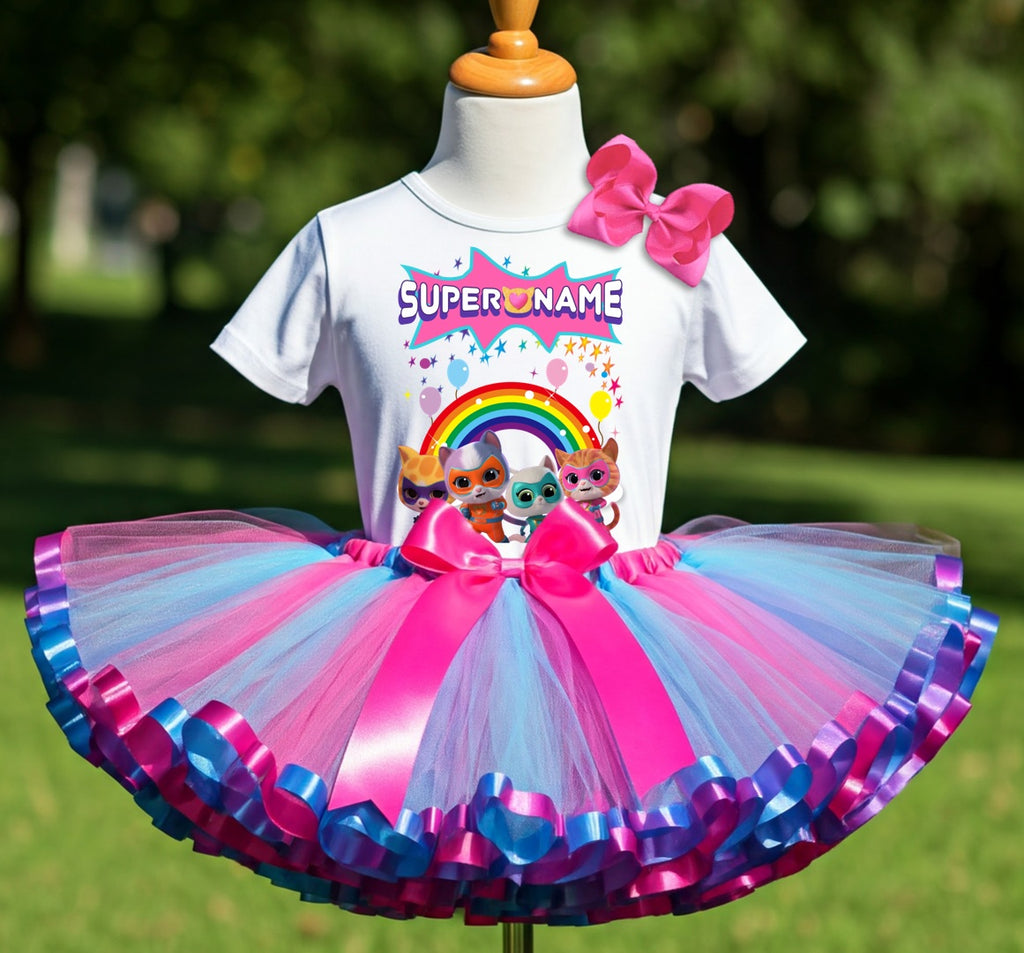 Super Kitties Tutu Set Girls Personalized Custom Hot Pink Blue Purple Ribbon Sewn Trim Tutu Outfit Dress Theme Cake Smash Party