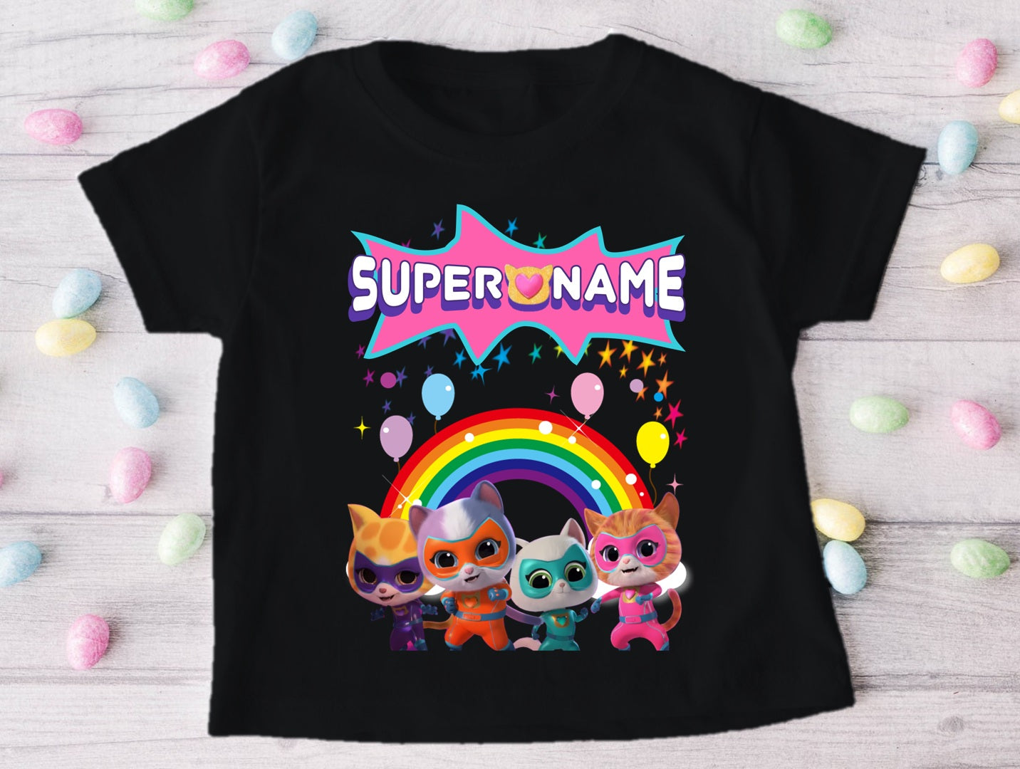 Super Kitties Personalized Custom Black T-Shirt or Onesie Theme Cake Smash Party