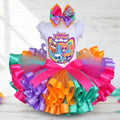 Super Kitties Cats Tutu Set Girls Personalized Custom Rainbow Ribbon Sewn Trim Tutu Outfit Dress Theme Cake Smash Birthday Party