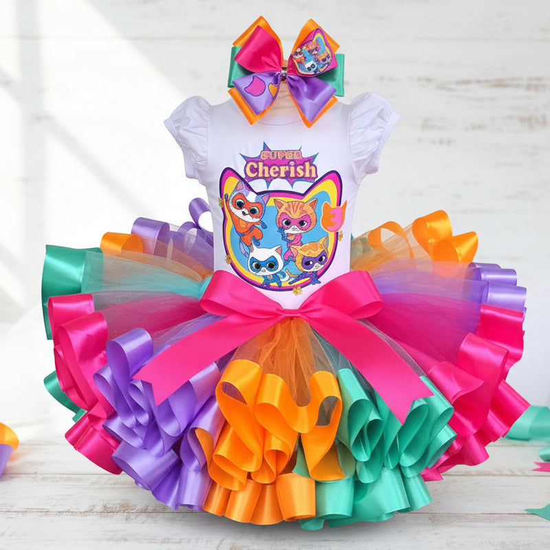 Super Kitties Cats Tutu Set Girls Personalized Custom Rainbow Ribbon Sewn Trim Tutu Outfit Dress Theme Cake Smash Birthday Party