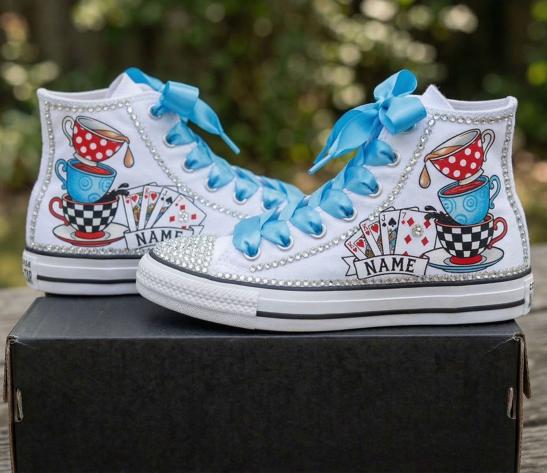 Custom Alice in Wonderland Teacups High-Top Sneakers Shoes Personalized with Name, Ribbon Laces & Rhinestones Birthday Parties Everyday Gift