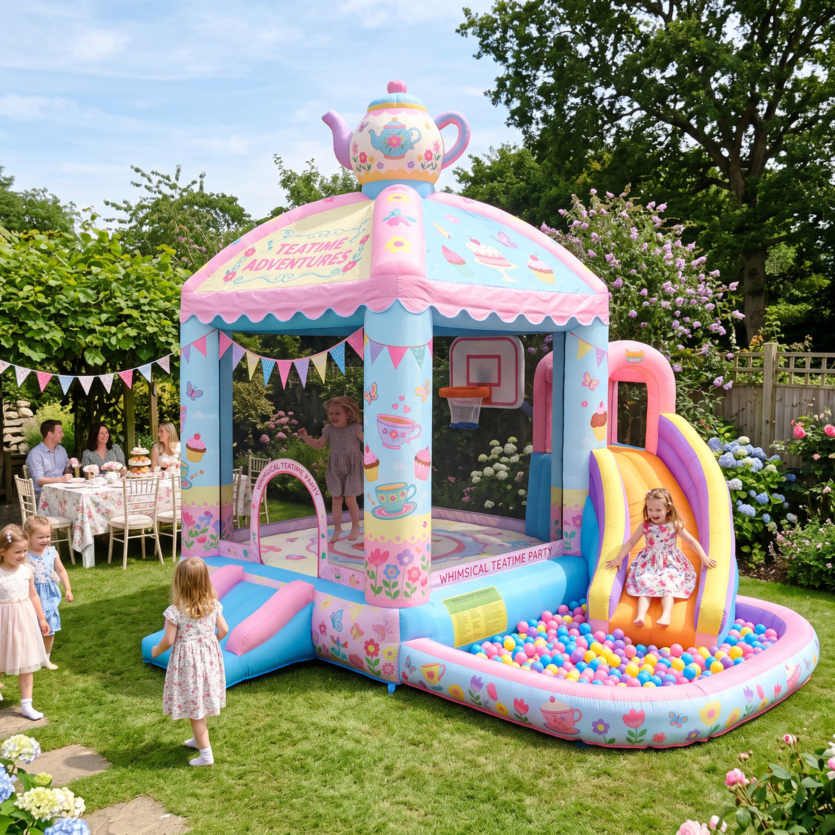 Play Bounce House Jumping Playhouse area with Slide and Ball Pit Teatime Tea Party Castle Theme