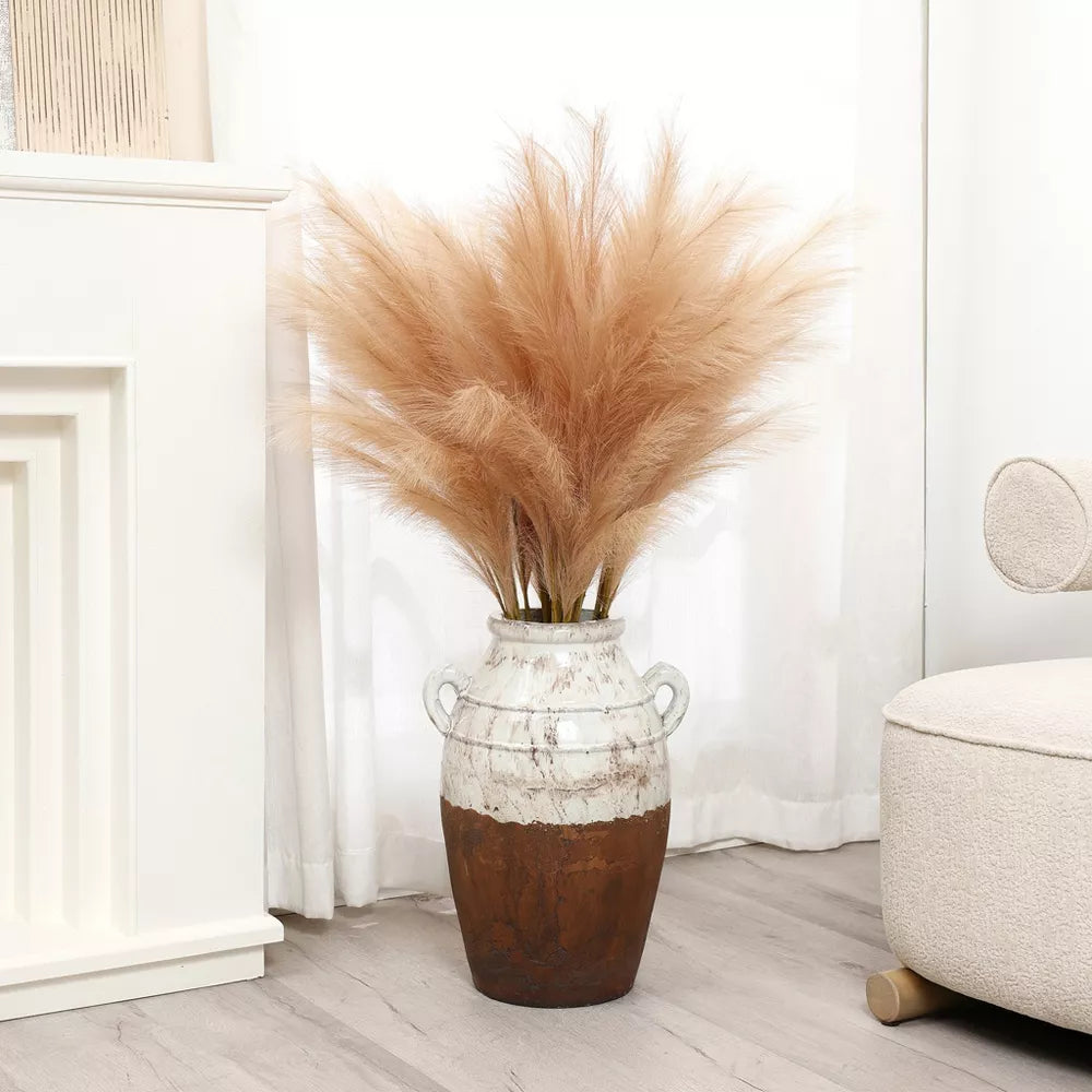 18.5" Rustic Cream and Brown Terracotta Urn Vase with Handles Accent Tabletop Home Decor