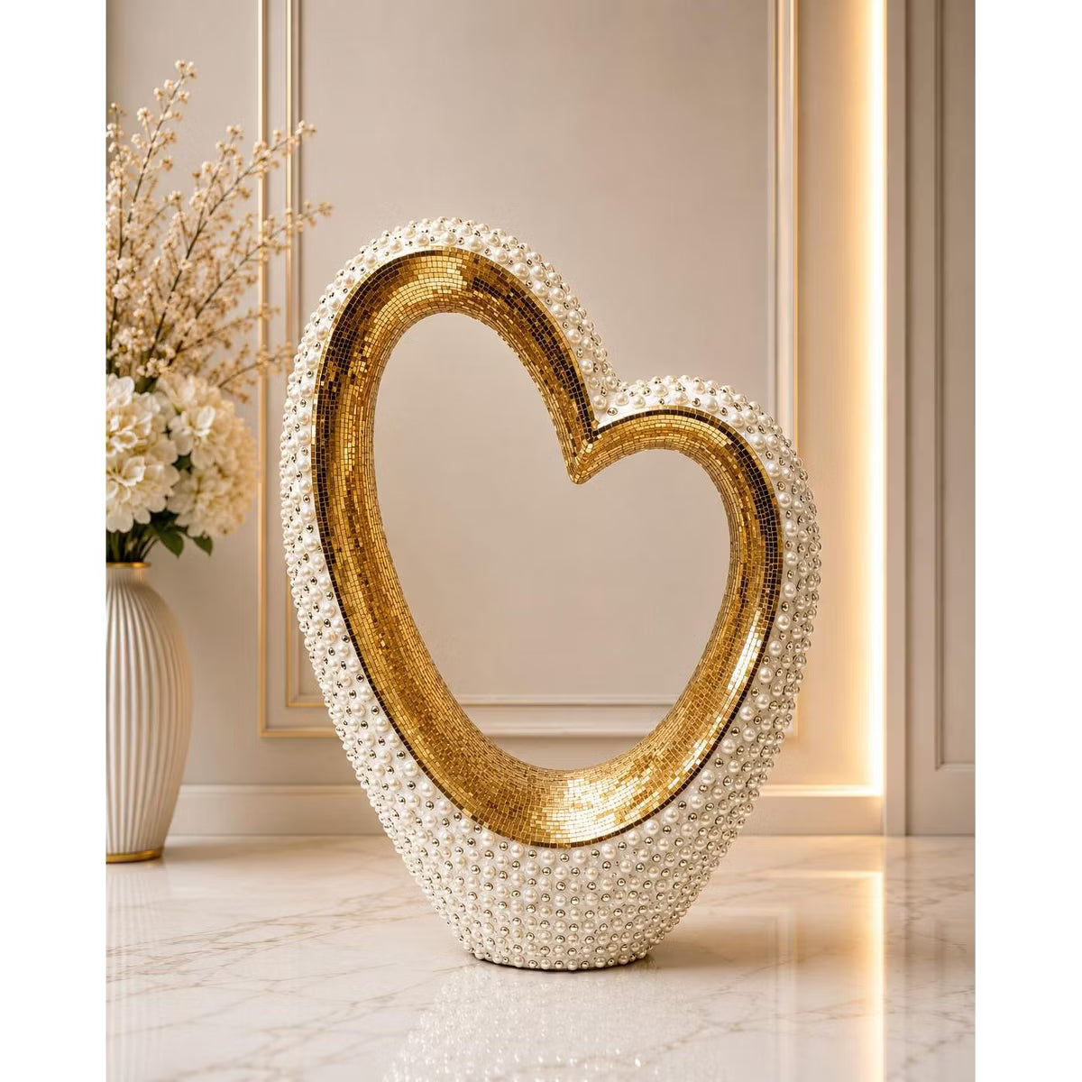 32"x24" White & Gold Modern Textured Ceramic Open Heart Accent Home Decor