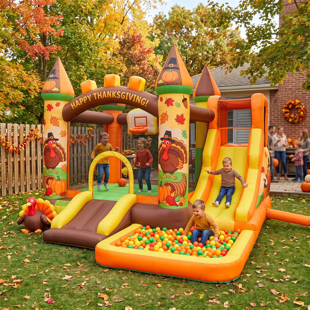 Play Bounce House Jumping Playhouse area with Slide and Ball Pit Thanksgiving Castle Theme