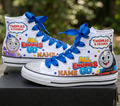 Custom Thomas All Engines Go High-Top Sneakers Shoes Personalized with Name, Ribbon Laces & Rhinestones Birthday Parties Everyday Gift
