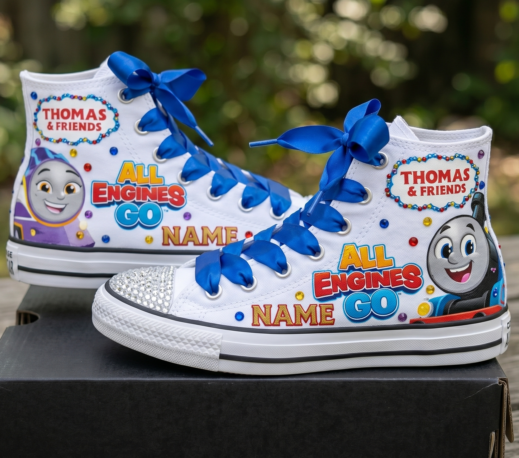 Custom Thomas All Engines Go High-Top Sneakers Shoes Personalized with Name, Ribbon Laces & Rhinestones Birthday Parties Everyday Gift