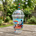 (Pack of 6) Thomas All Engines Go Train Custom Personalized Birthday Party 16 oz Cups with Dome Lids & Straws