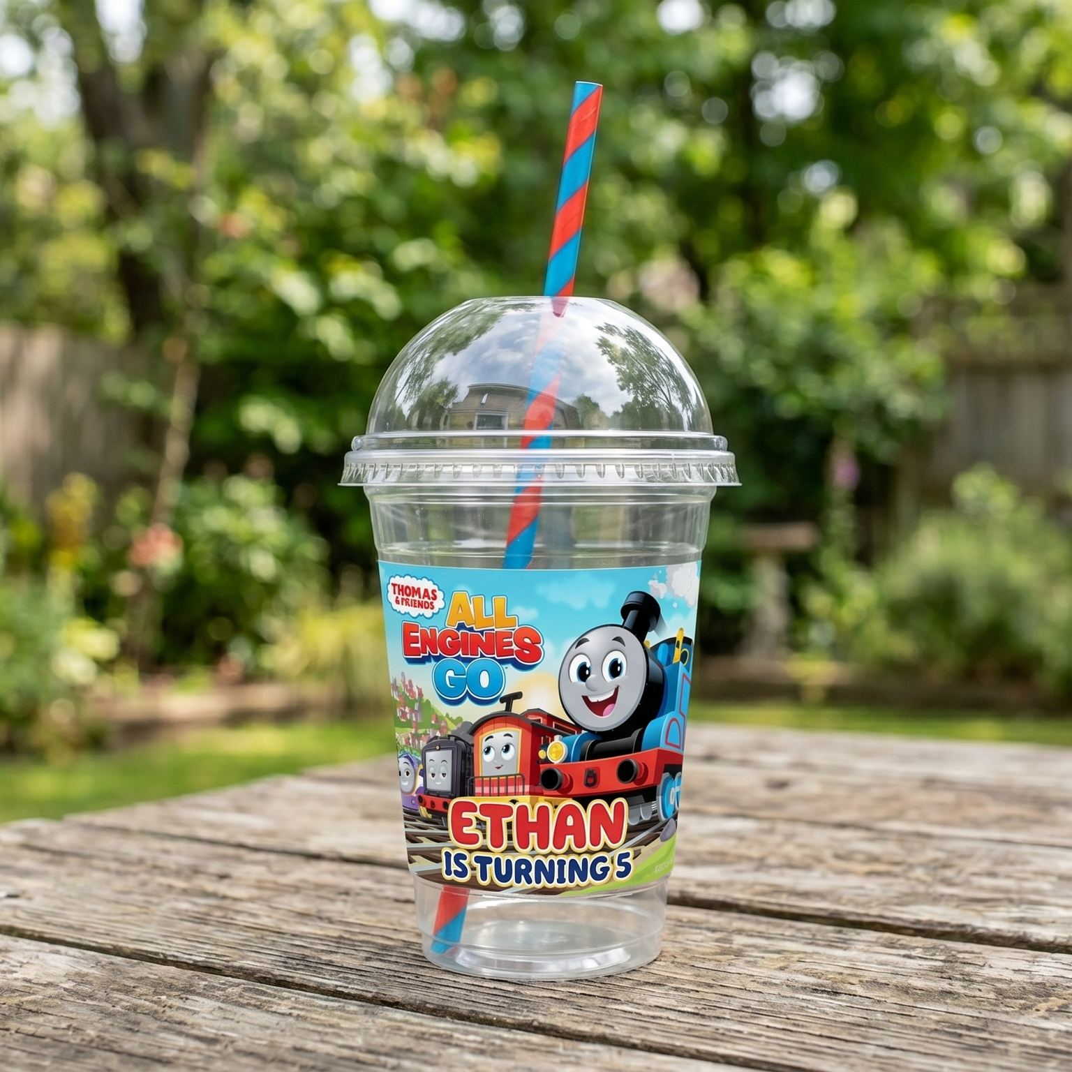 (Pack of 6) Thomas All Engines Go Train Custom Personalized Birthday Party 16 oz Cups with Dome Lids & Straws