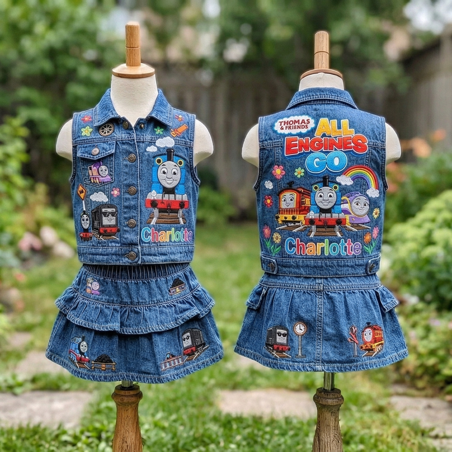 Personalized Custom Name Thomas All Engines Go Denim Vest & Skirt Set Birthday Party Cake Smash Gift