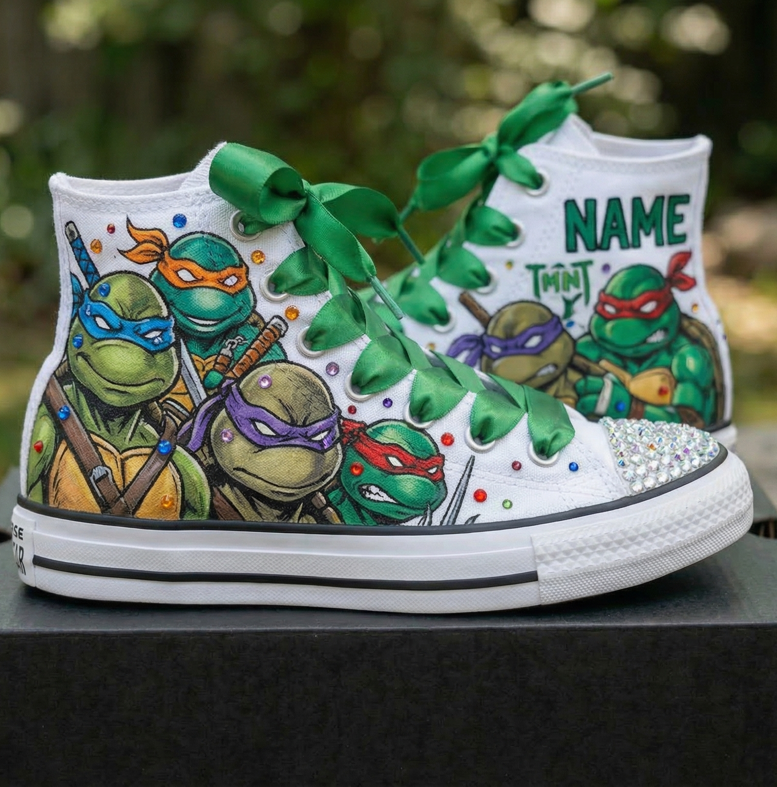 Custom TMNT Ninja Turtles High-Top Sneakers Shoes Personalized with Name, Ribbon Laces & Rhinestones Birthday Parties Everyday Gift