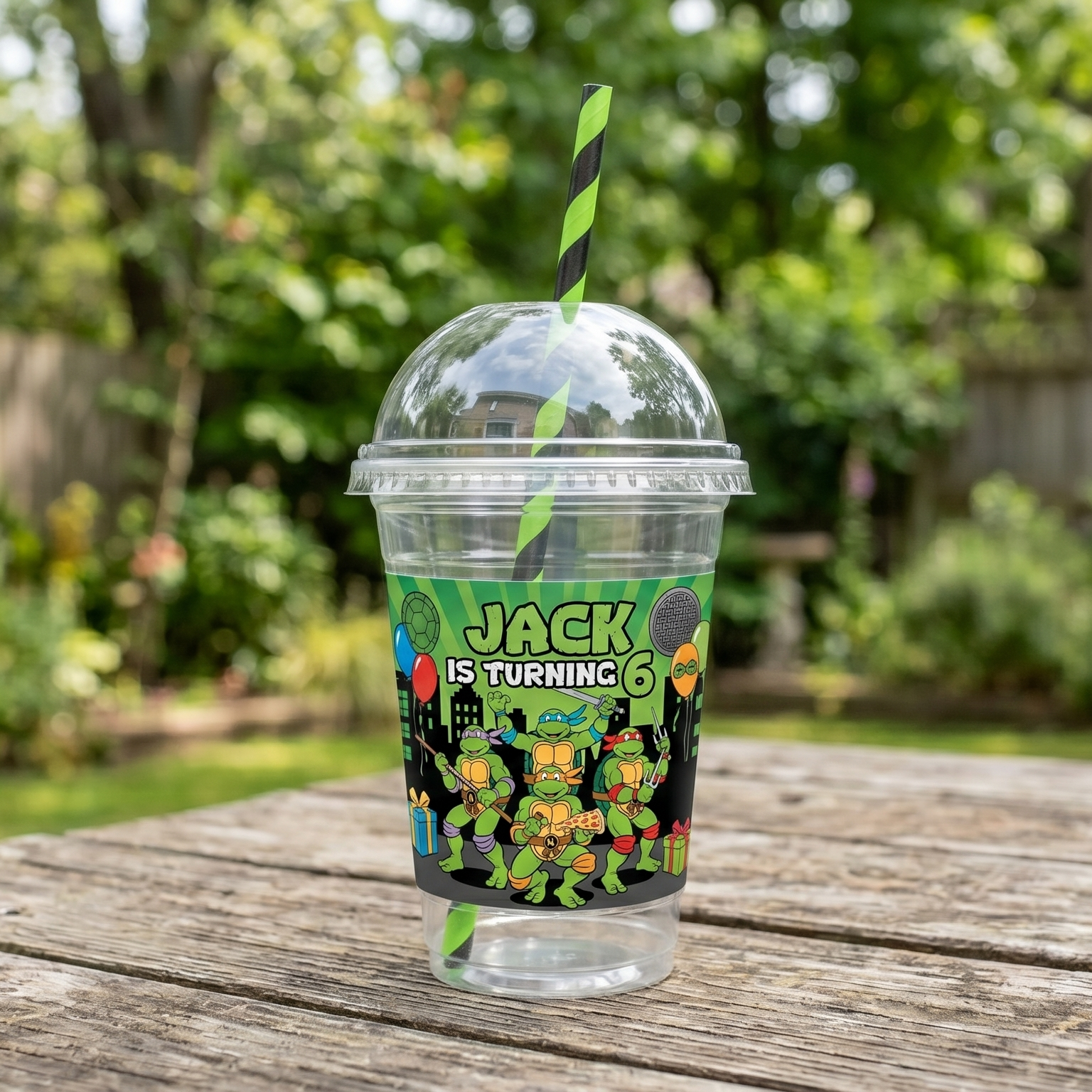 (Pack of 6) TMNT 1987 Ninja Turtles Custom Personalized Birthday Party 16 oz Cups with Dome Lids & Straws