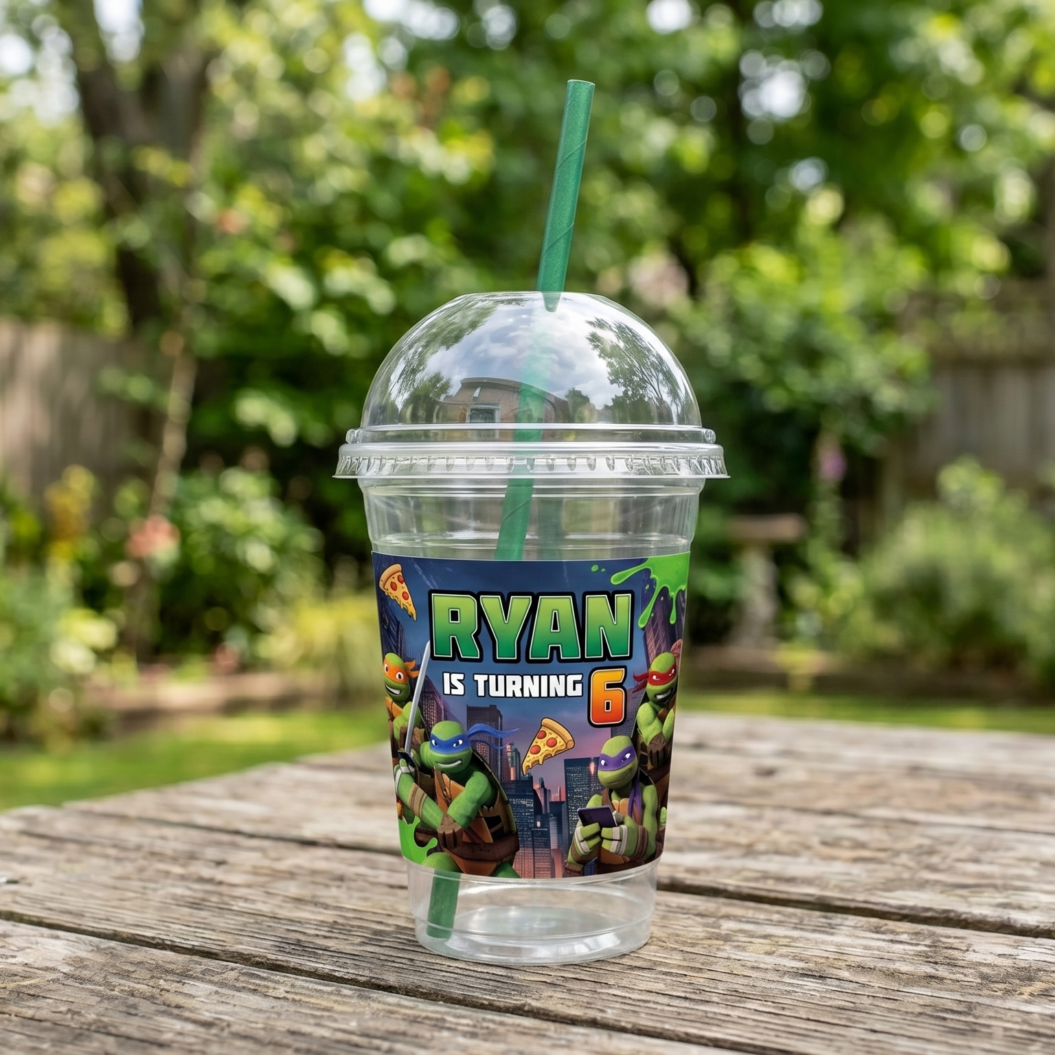 (Pack of 6) TMNT 2012 Ninja Turtles Custom Personalized Birthday Party 16 oz Cups with Dome Lids & Straws