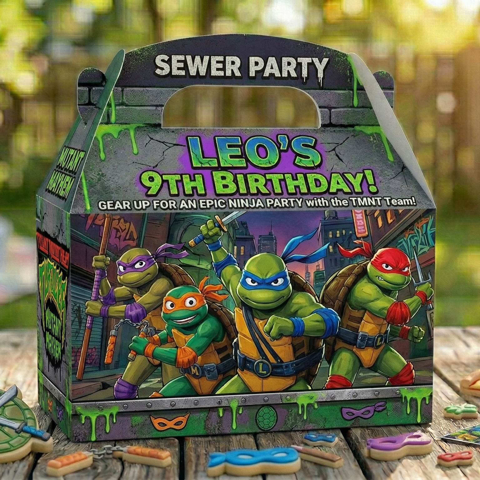 (Pack of 6) TMNT 2023 Mayhem Ninja Turtles Custom Personalized Birthday Party Favor Gable Treat Boxes