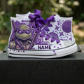 Custom TMNT Ninja Turtles Donnie High-Top Sneakers Shoes Personalized with Name, Ribbon Laces & Rhinestones Birthday Parties Everyday Gift