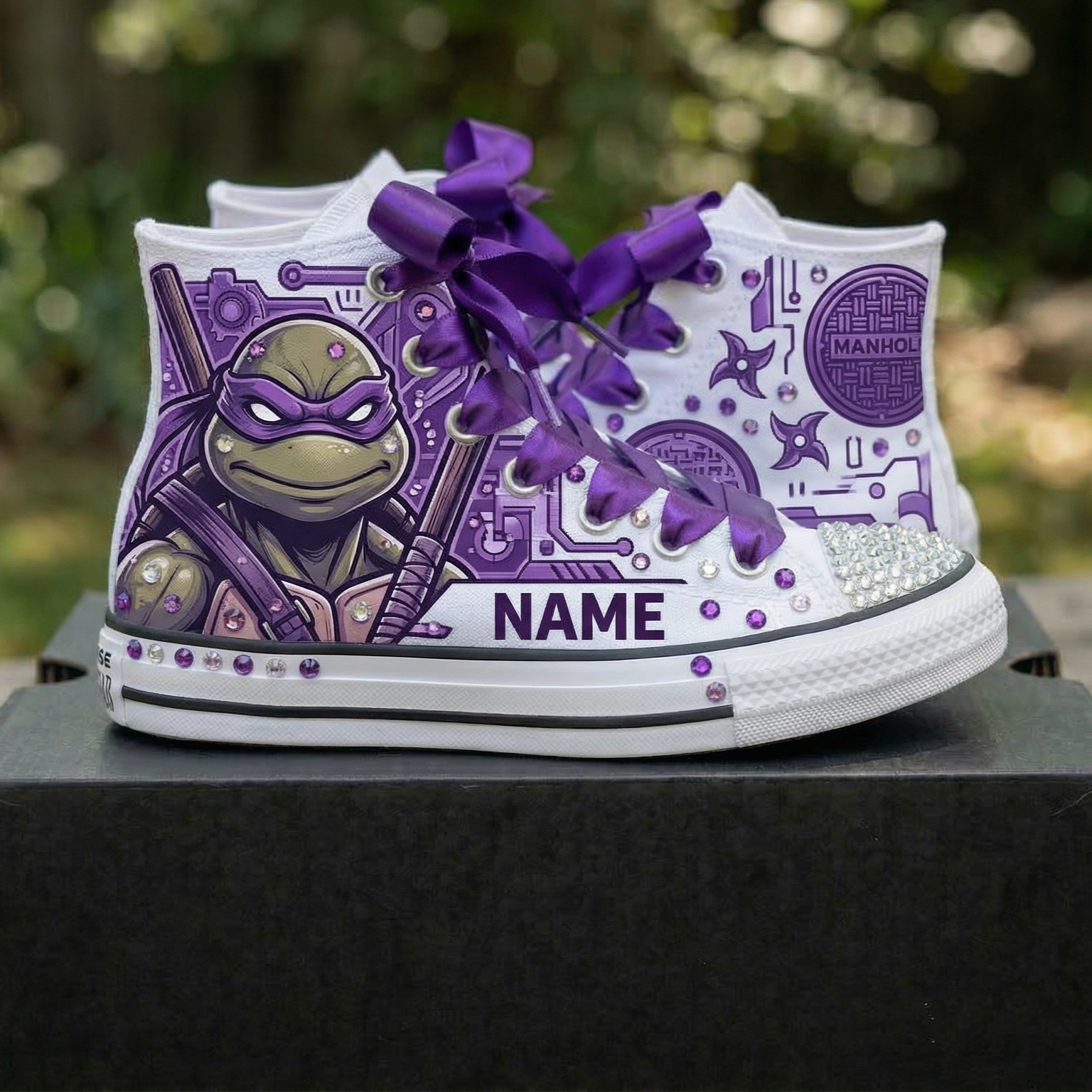 Custom TMNT Ninja Turtles Donnie High-Top Sneakers Shoes Personalized with Name, Ribbon Laces & Rhinestones Birthday Parties Everyday Gift