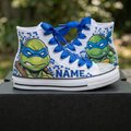 Custom TMNT Ninja Turtles Leo High-Top Sneakers Shoes Personalized with Name, Ribbon Laces & Rhinestones Birthday Parties Everyday Gift