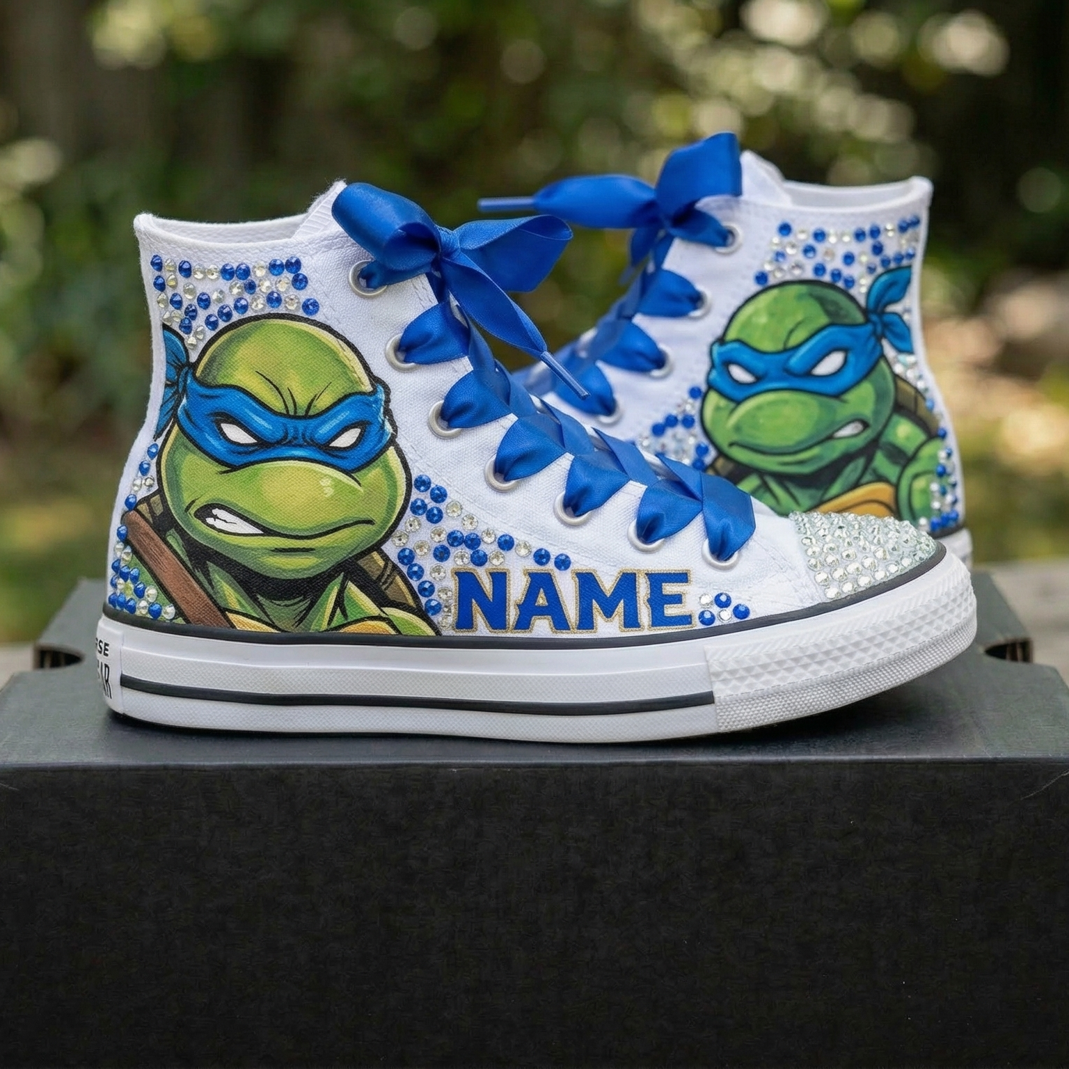 Custom TMNT Ninja Turtles Leo High-Top Sneakers Shoes Personalized with Name, Ribbon Laces & Rhinestones Birthday Parties Everyday Gift