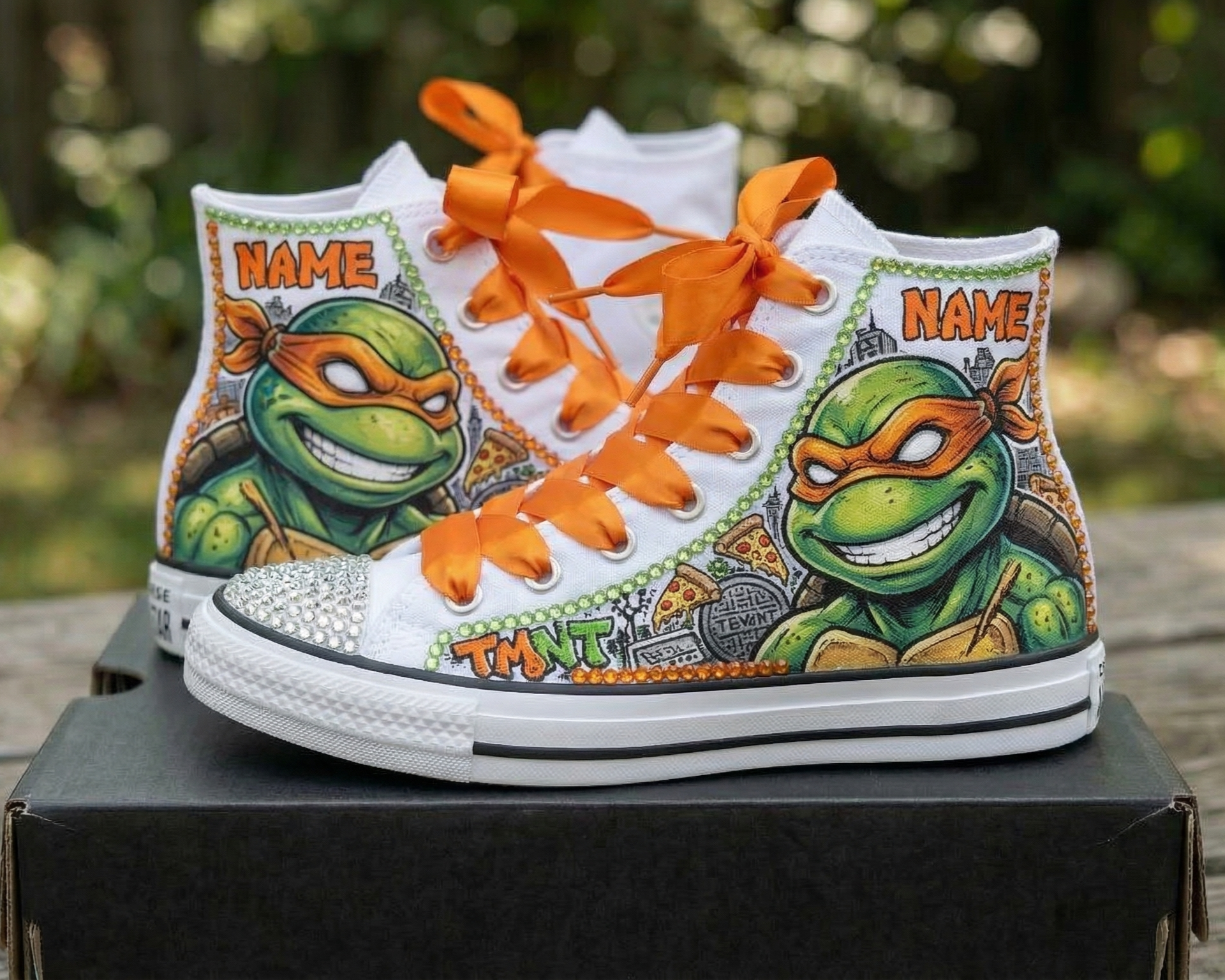 Custom TMNT Ninja Turtles Mikey High-Top Sneakers Shoes Personalized with Name, Ribbon Laces & Rhinestones Birthday Parties Everyday Gift