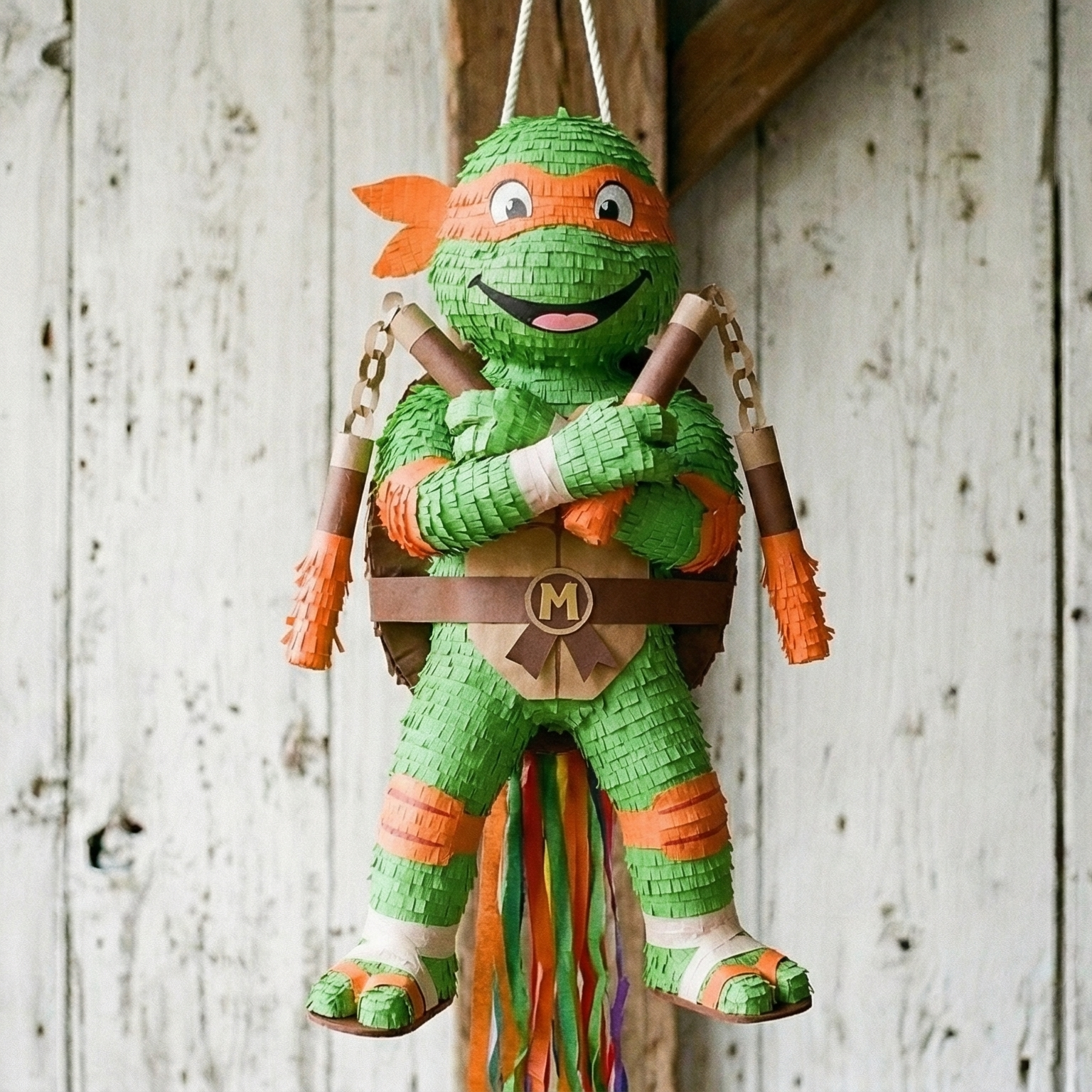 Premium Handmade 30-Inch TMNT Ninja Turtles Mikey Michelangelo Character Pull-String Piñata Table Decor Party Centerpiece