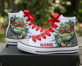 Custom TMNT Ninja Turtles Raph High-Top Sneakers Shoes Personalized with Name, Ribbon Laces & Rhinestones Birthday Parties Everyday Gift