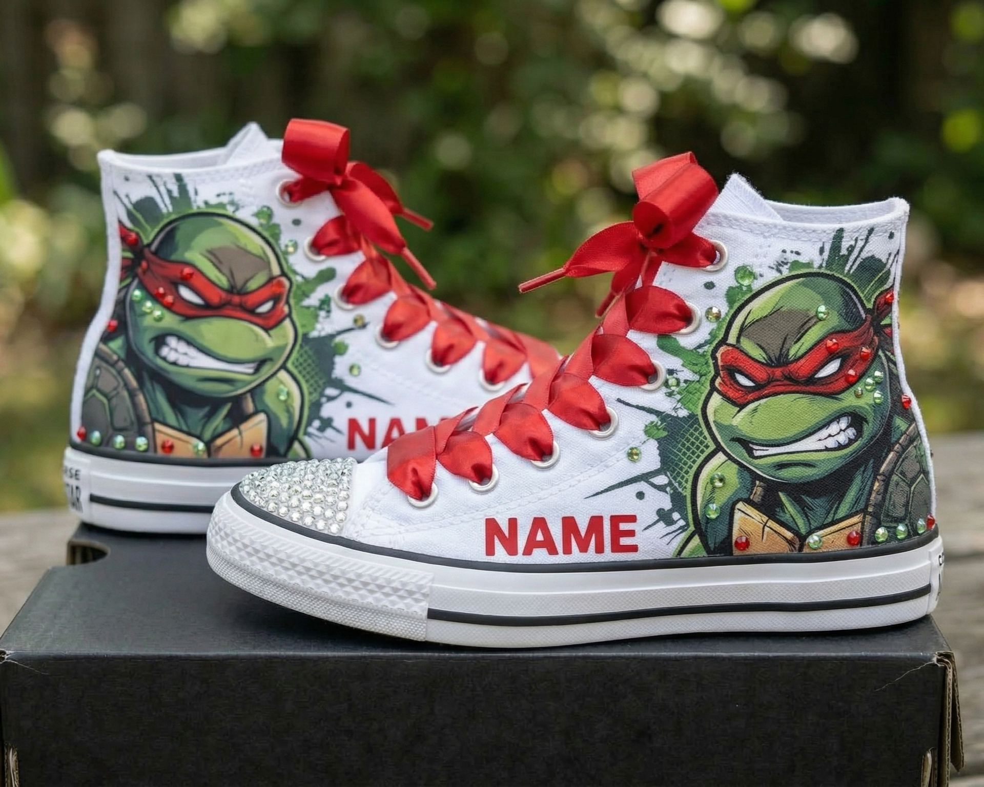 Custom TMNT Ninja Turtles Raph High-Top Sneakers Shoes Personalized with Name, Ribbon Laces & Rhinestones Birthday Parties Everyday Gift