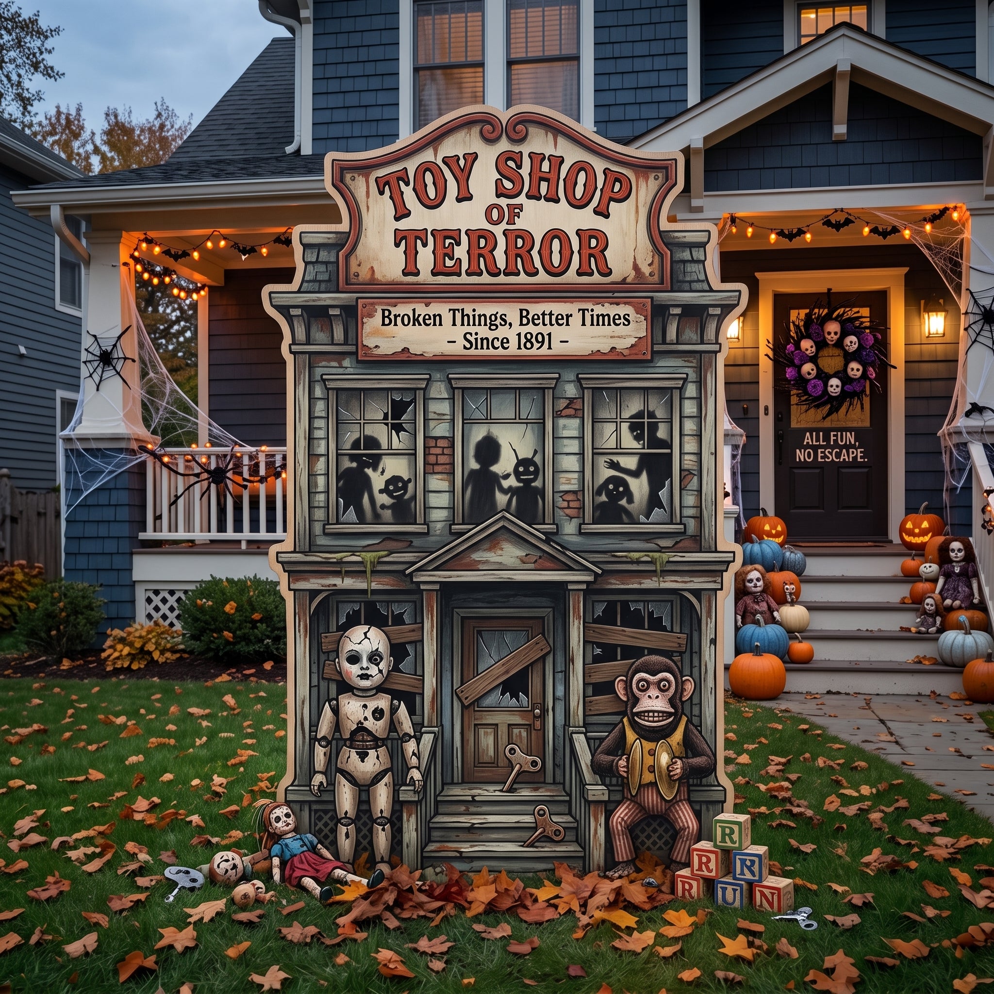 Life Size Toy Shop of Terror Premium Freestanding Halloween Cutouts Yard Sign Decor Party Prop