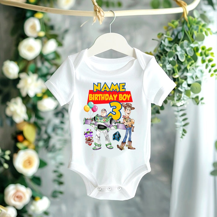 Toy Story Buzz Woody Personalized Custom White T-Shirt or Onesie Theme Cake Smash Birthday Party