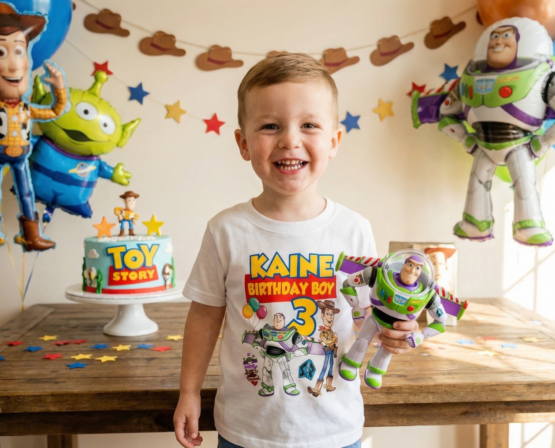 Toy Story Buzz Woody Personalized Custom White T-Shirt or Onesie Theme Cake Smash Birthday Party