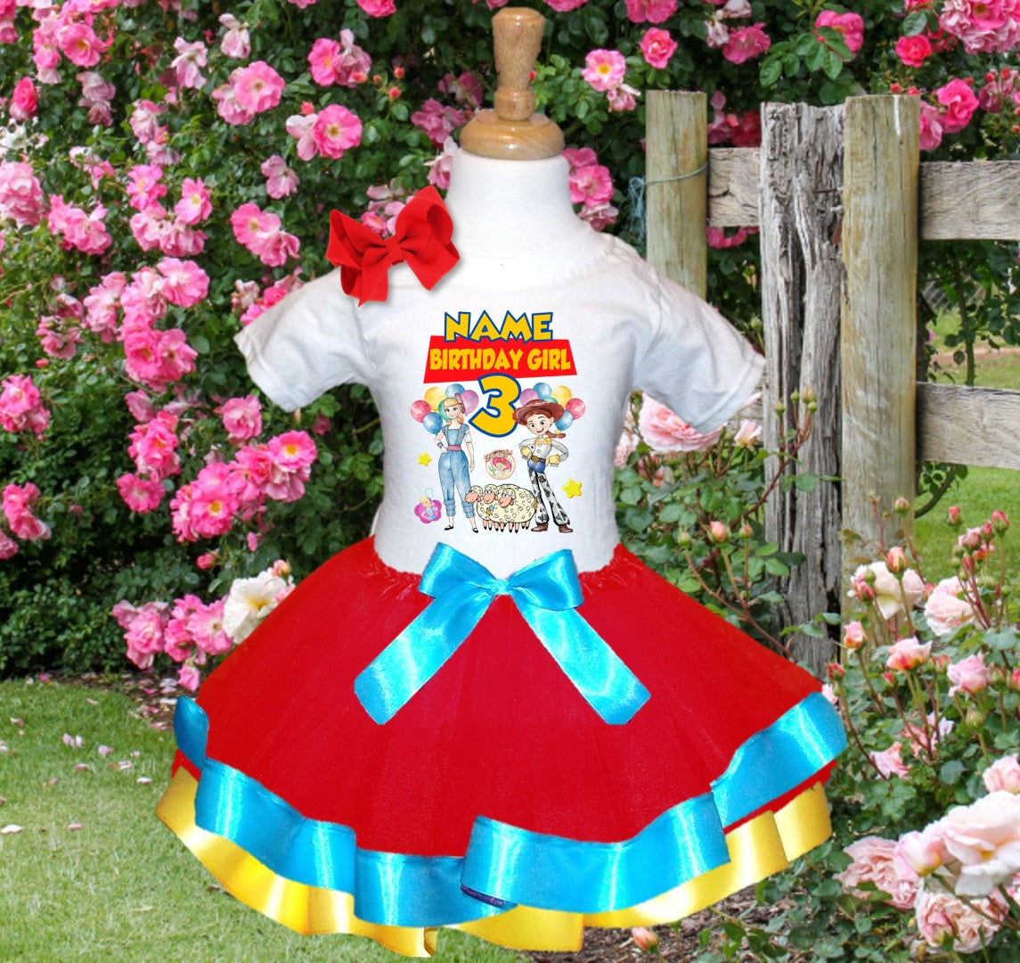Toy Story Bo Peep Jessie Tutu Set Girls Personalized Custom Red Blue Yellow Ribbon Trim Tutu Outfit Dress Theme Cake Smash Birthday Party