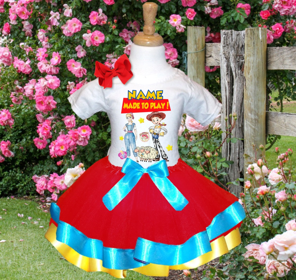 Toy Story Bo Peep Jessie Tutu Set Girls Personalized Custom Red Blue Yellow Ribbon Trim Tutu Outfit Dress Theme Cake Smash Party