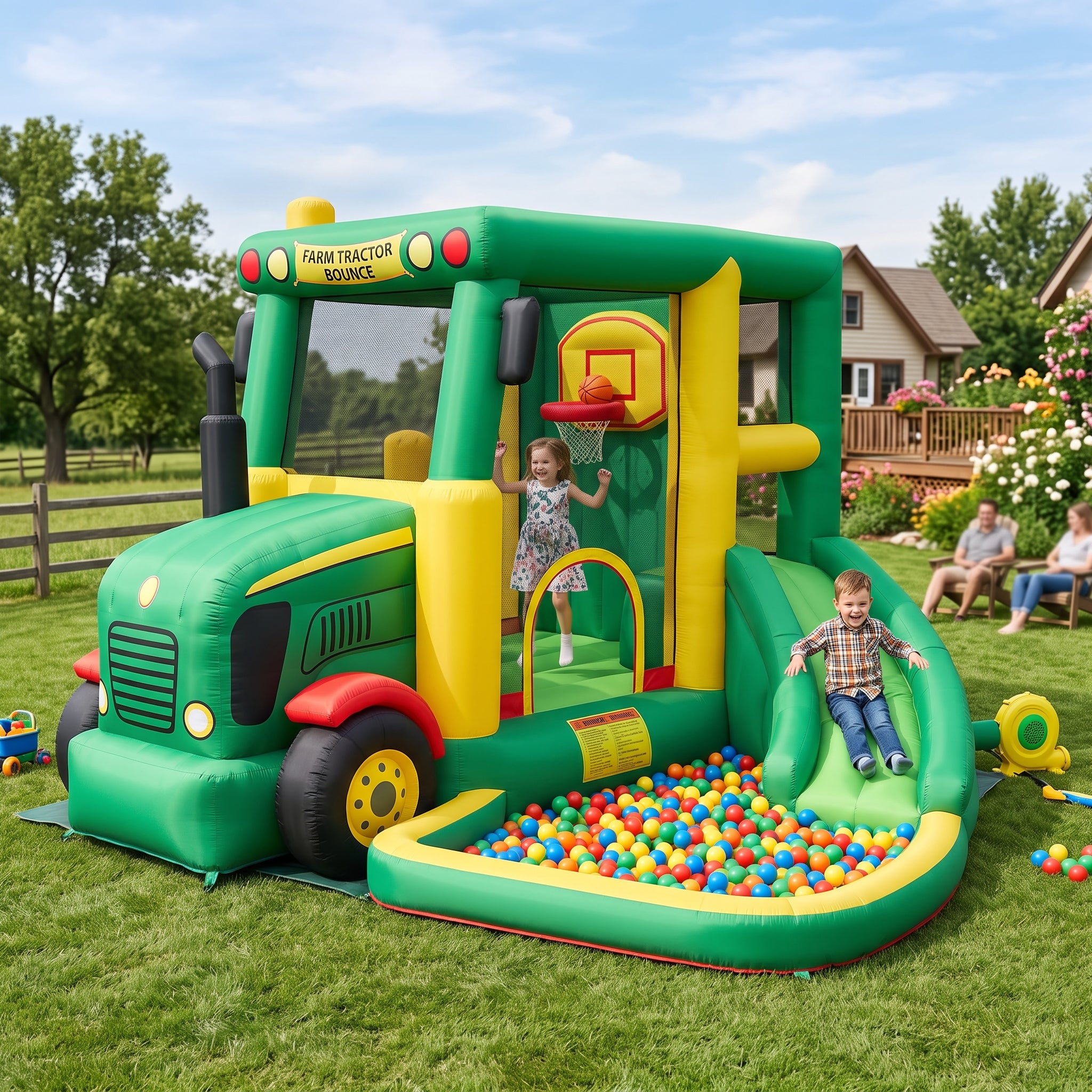Play Bounce House Jumping Playhouse area with Slide and Ball Pit Farm Tractor Theme