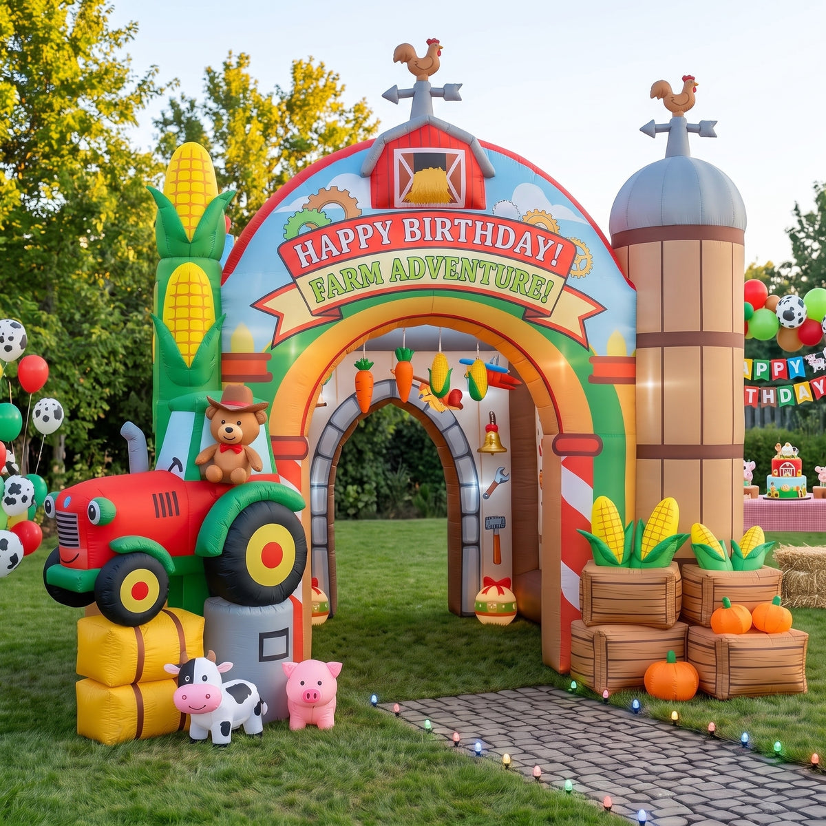 Farm & Tractor Theme Premium 10' x 10' Birthday House Inflatable Blow Up Walk-Through Archway Experience Decor Prop