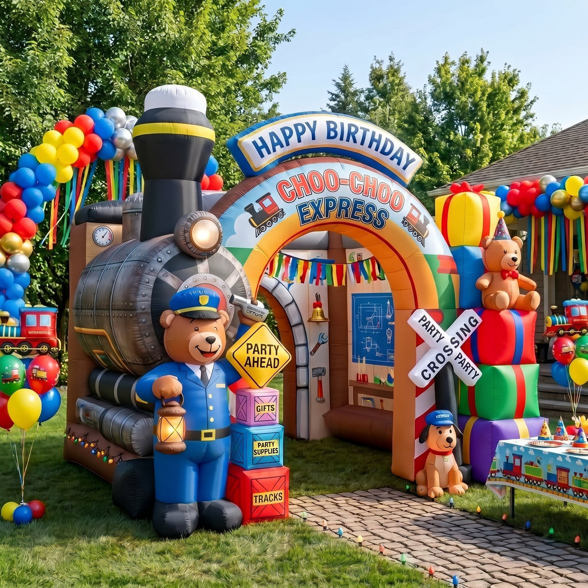 Locomotive Train Engine Theme Premium 10' x 10' Birthday House Inflatable Blow Up Walk-Through Archway Experience Decor Prop