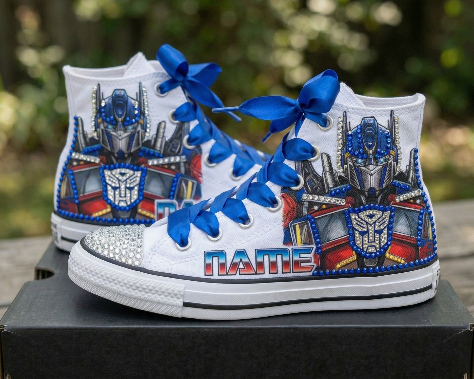 Custom Transformers Optimus Prime High-Top Sneakers Shoes Personalized with Name, Ribbon Laces & Rhinestones Birthday Parties Everyday Gift