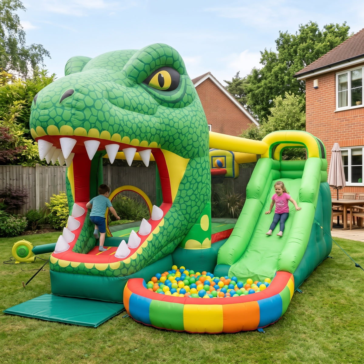 Play Bounce House Jumping Playhouse area with Slide and Ball Pit Dinosaur T-Rex's Head Castle Theme