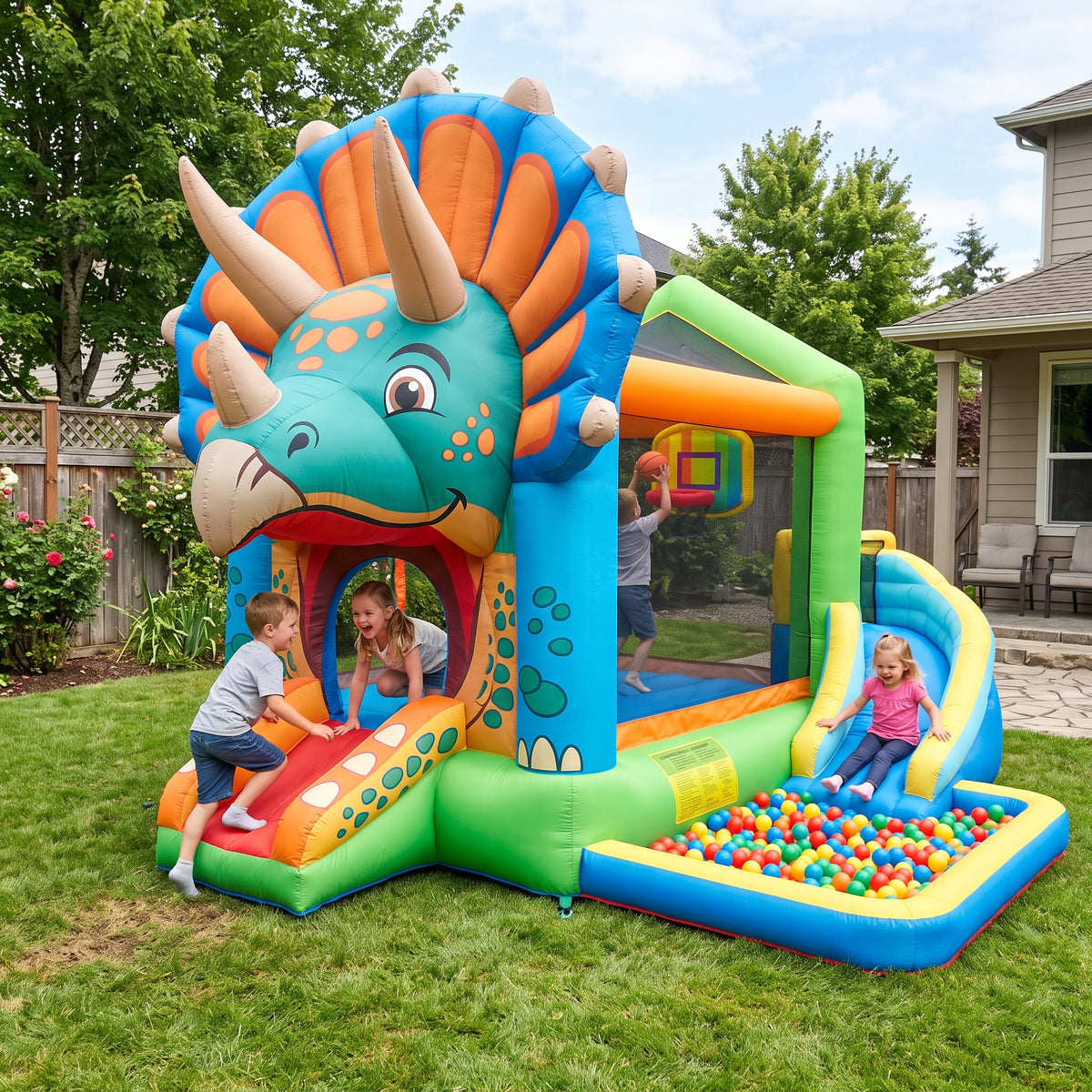 Play Bounce House Jumping Playhouse area with Slide and Ball Pit Dinosaur Triceratop's Head Castle Theme