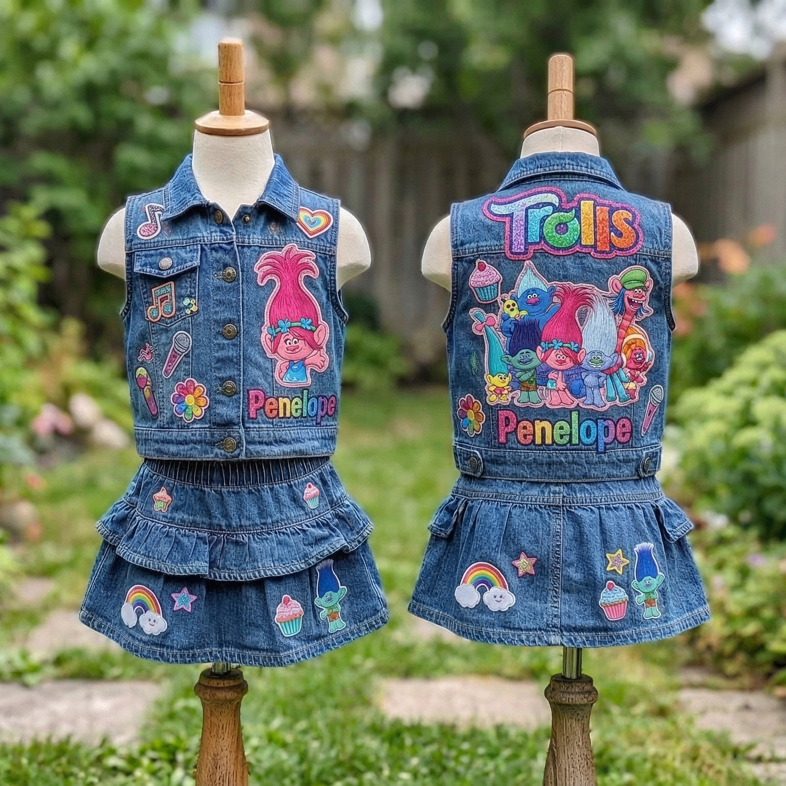 Personalized Custom Name Trolls Denim Vest & Skirt Set Birthday Party Cake Smash Gift