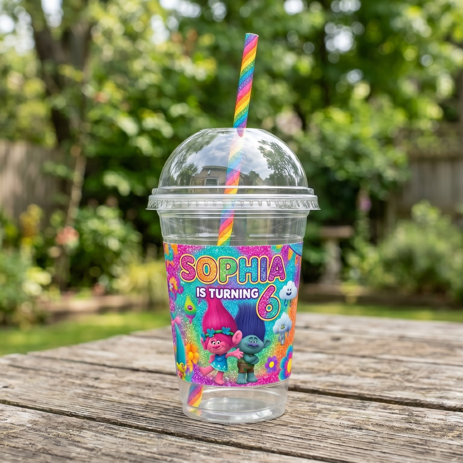 (Pack of 6) Trolls Custom Personalized Birthday Party 16 oz Cups with Dome Lids & Straws