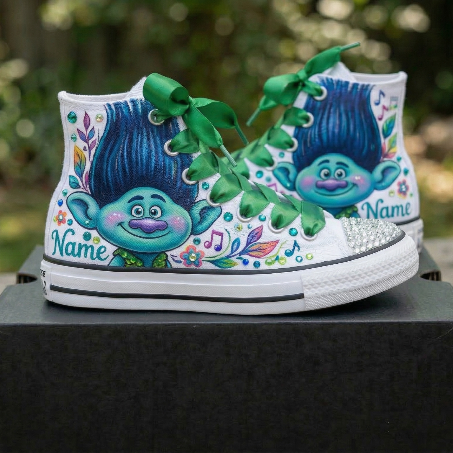 Custom Trolls Branch High-Top Sneakers Shoes Personalized with Name, Ribbon Laces & Rhinestones Birthday Parties Everyday Gift