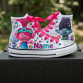 Custom Trolls High-Top Sneakers Shoes Personalized with Name, Ribbon Laces & Rhinestones Birthday Parties Everyday Gift