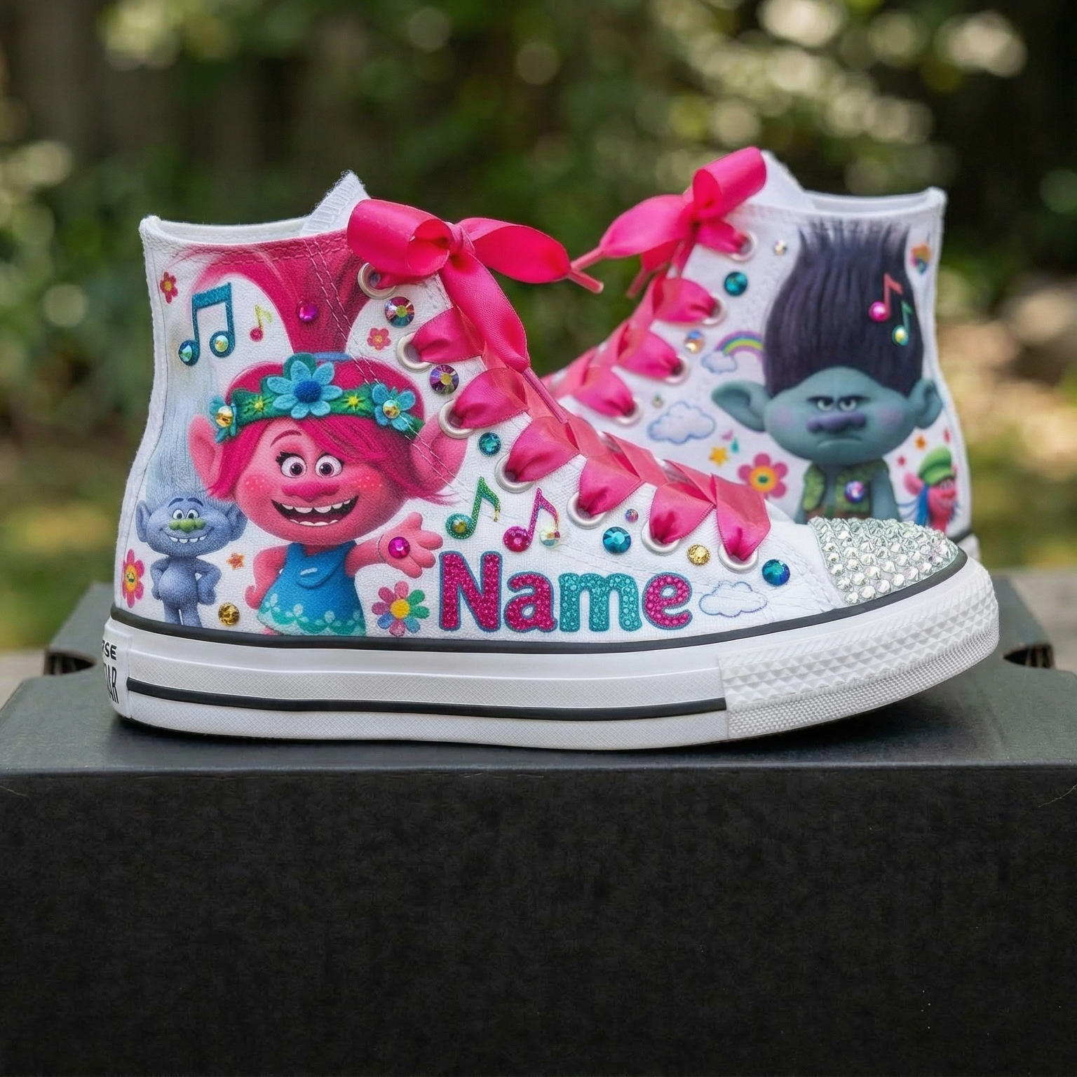 Custom Trolls High-Top Sneakers Shoes Personalized with Name, Ribbon Laces & Rhinestones Birthday Parties Everyday Gift