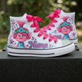 Custom Trolls Poppy High-Top Sneakers Shoes Personalized with Name, Ribbon Laces & Rhinestones Birthday Parties Everyday Gift