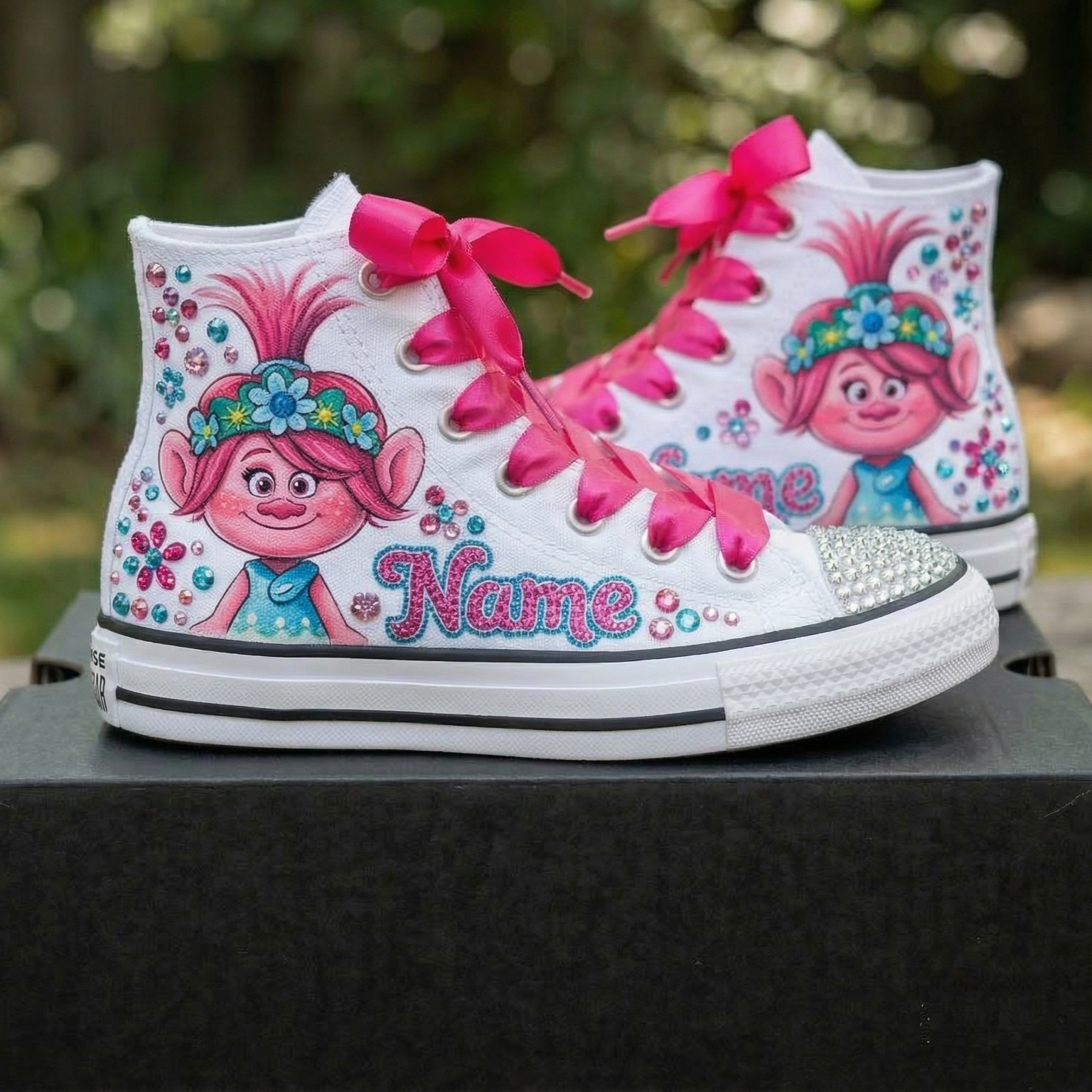 Custom Trolls Poppy High-Top Sneakers Shoes Personalized with Name, Ribbon Laces & Rhinestones Birthday Parties Everyday Gift