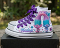 Custom Trolls Satin Chenille High-Top Sneakers Shoes Personalized with Name, Ribbon Laces & Rhinestones Birthday Parties Everyday Gift