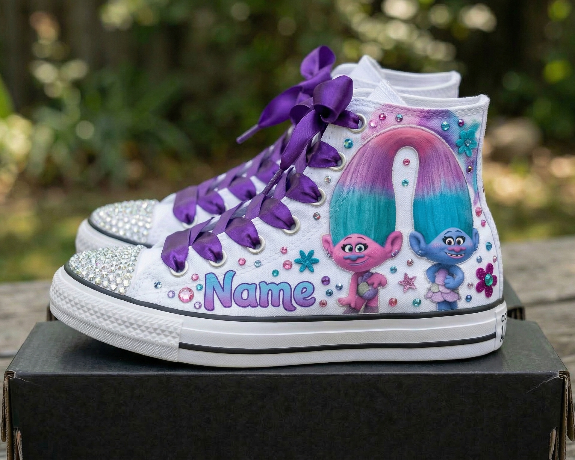 Custom Trolls Satin Chenille High-Top Sneakers Shoes Personalized with Name, Ribbon Laces & Rhinestones Birthday Parties Everyday Gift