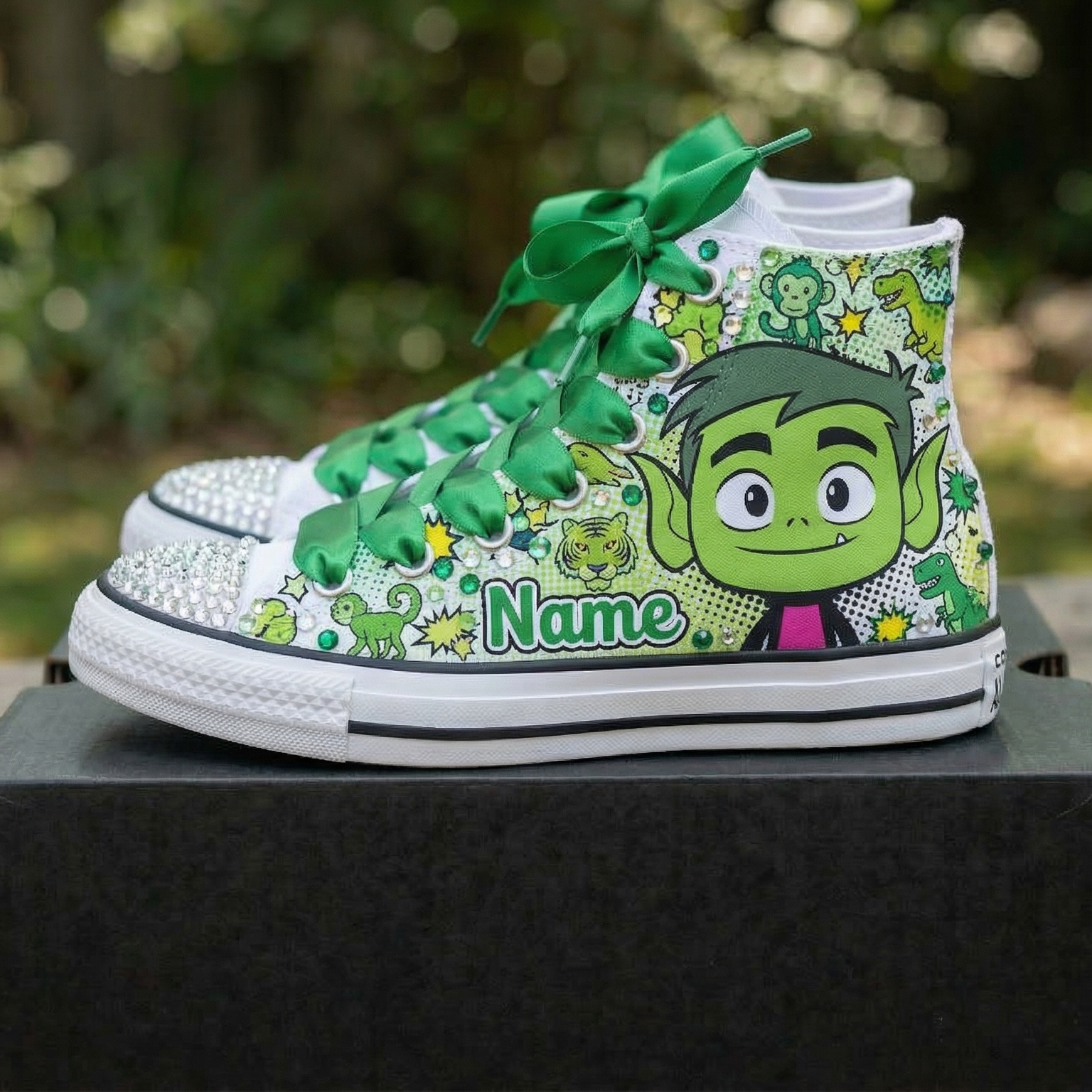 Custom Teen Titans Go Beast Boy High-Top Sneakers Shoes Personalized with Name, Ribbon Laces & Rhinestones Birthday Parties Everyday Gift