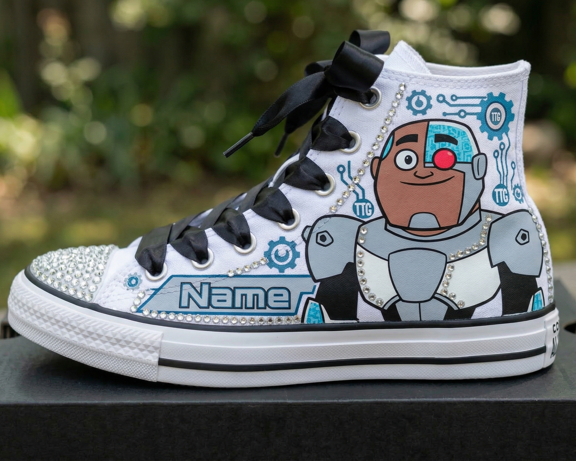 Custom Teen Titans Go Cyborg High-Top Sneakers Shoes Personalized with Name, Ribbon Laces & Rhinestones Birthday Parties Everyday Gift