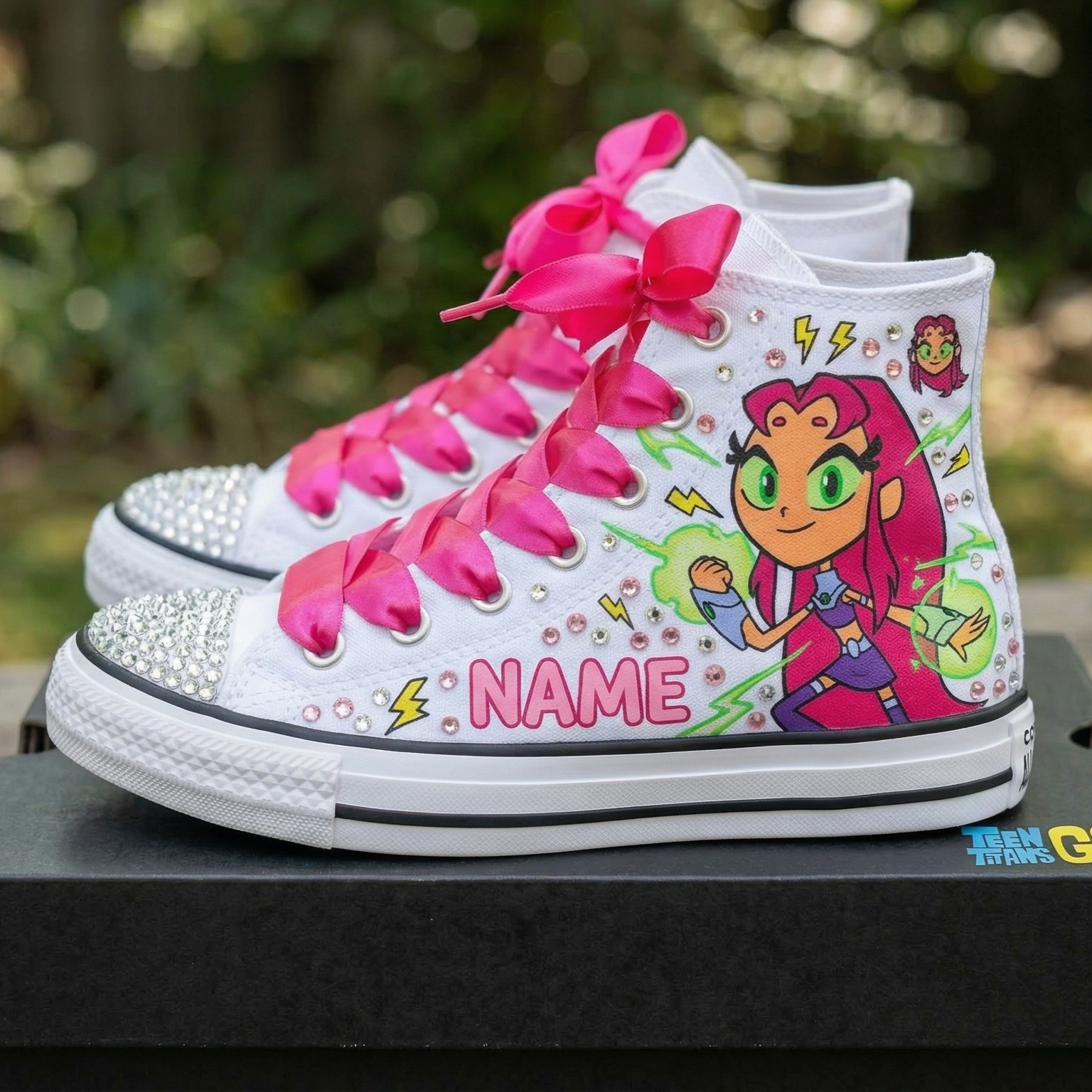 Custom Teen Titans Go Starfire High-Top Sneakers Shoes Personalized with Name, Ribbon Laces & Rhinestones Birthday Parties Everyday Gift